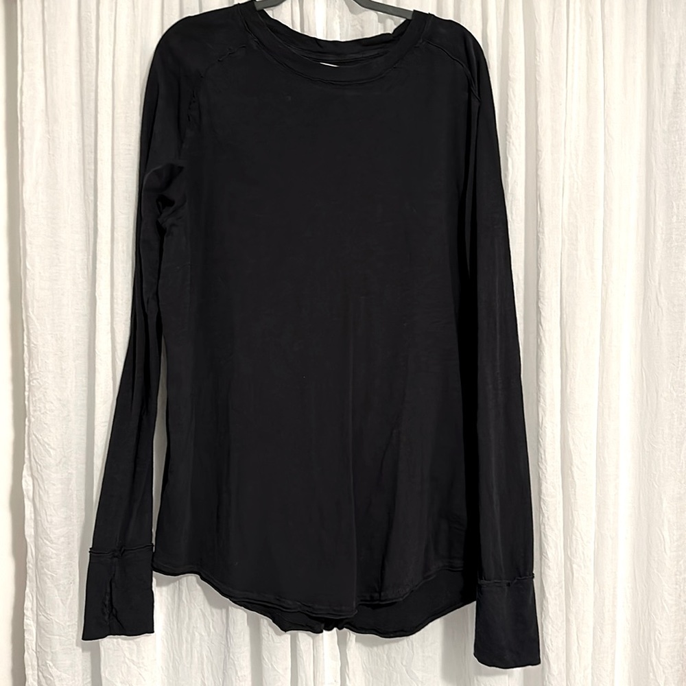 Free People We the Free Black Long Sleeve Raw Edge Henley Tunic